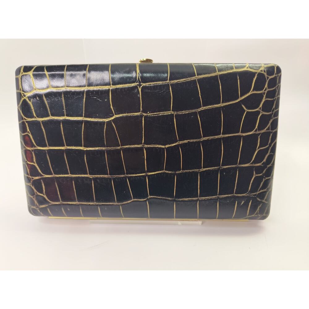 Abas Luxury Cache Wallet Alligator Embossed Leather w/ Polished Gold Tone Frame
